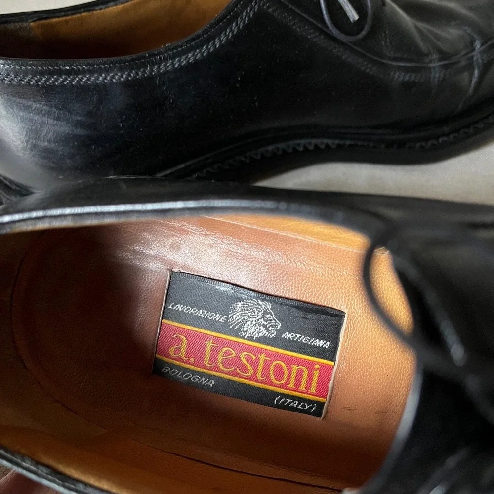 A. Testoni Black Leather Apron Toe Oxford Dress Shoes‎ Sz 10M Italy